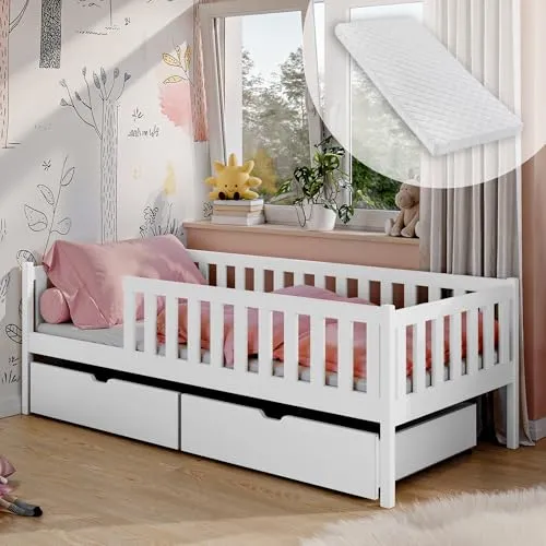 Sicheres Kinderbett 90x200 mit Schubladen und Rausfallschutz - Praktisches Kinderbett mit zwei Schubladen für zusätzlichen Stauraum, ideal für ein ordentliches Zimmer. Robustes Sicherheitsgeländer sorgt für eine sichere Schlafumgebung.