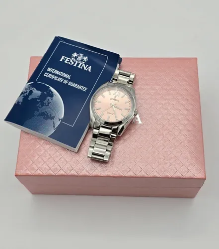 Festina Damen Analog Quarz Uhr F20622/2 mit Edelstahl Armband - Elegante Damen Armbanduhr von Festina, Edelstahl, rosa Ziffernblatt und römische Ziffern, wasserdicht bis 5 bar – perfekt für den täglichen Gebrauch.