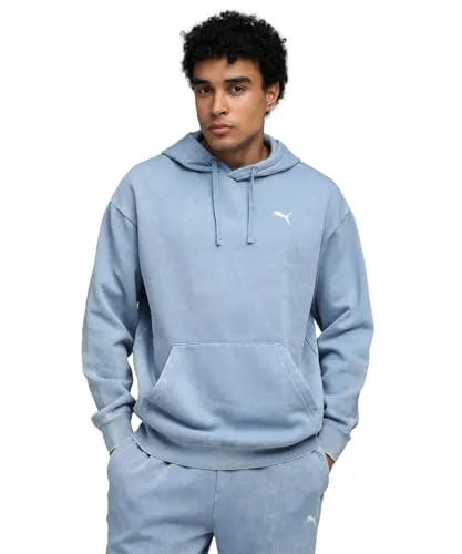 PUMA ESS ELEVATED RELAXED WASH HOODIE FL blau S (44/46) - Herren-Sweatshirt in Cool Blue, aus weichem Fleece, mit Kängurutasche und sportlichem Print für lässigen Style und hohen Tragekomfort.