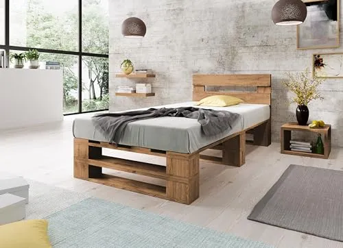 Lermowood Palettenbett M2 aus Holz 120 x 200 cm Eiche mit Kopfteil Holzbett 30cm Stabiles Seniorenbett Kinderbett Jugendbett Gästebett erhöhtes Einzelbett Bettgestell Futonbett Komforthöhe Naturholz