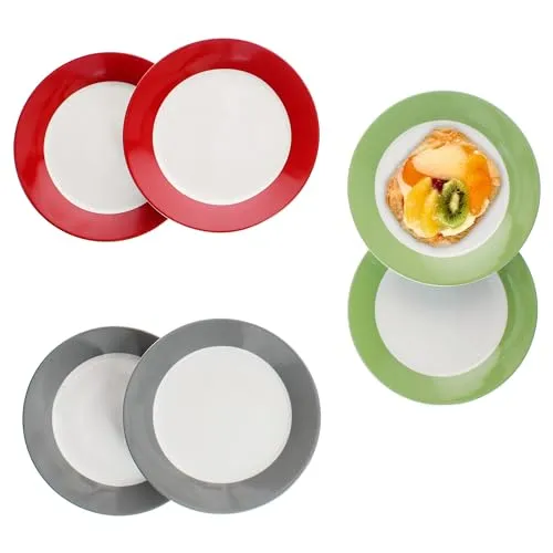 MamboCat 6er Set Variant Trio Kuchenteller - Kuchenteller-Set für 6 Personen in Grün, Rot & Grau | Robustes Porzellan, ideal für Frühstück, Mittagessen oder Kaffee | Spülmaschinen- und mikrowellengeeignet, perfekt für jeden Anlass.
