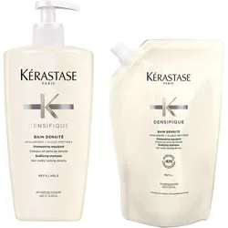 Kérastase Densifique Bundle Haarshampoo 2 x 500 ml - Shampoos für dünnes, feines Haar, bietet Verdichtung und Fülle mit nachfüllbarer Pumpflasche für nachhaltige Anwendung.