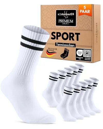 sockenkauf24 Socken Damen Sportsocken Weiß 35-38 Tennissocken Gepolstert Atmungsaktive Baumwolle 5 Paar Retro Crew-Socken