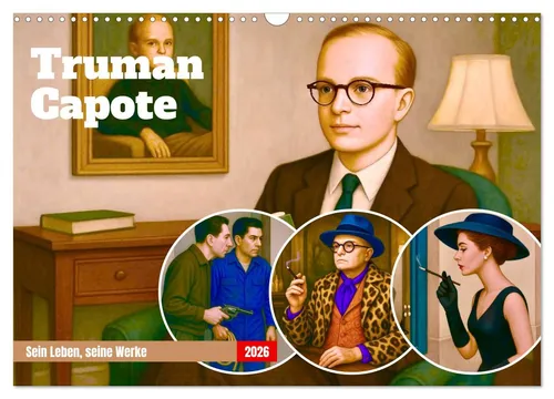 Truman Capote Wandkalender 2026 - Hommage an einen literarischen Meister - Kalender, der das Leben und Werk von Truman Capote mit 12 einzigartigen Motiven im Stil der 1960er Jahre präsentiert. Nachhaltig produziert auf FSC-zertifiziertem Papier in Deutschland.
