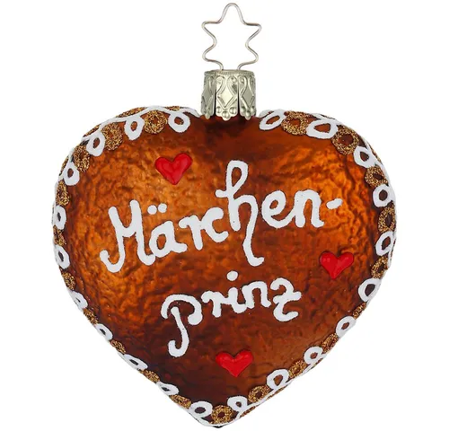 INGE-GLAS® Christbaumschmuck Lebkuchen Herz, Mein Märchenprinz - Wunderschönes, mundgeblasenes Lebkuchenherz von Inge-Glas® für festliche Weihnachtsdekoration. Handbemalt und mit dem Sternkrönchen® veredelt, bringt es nostalgischen Charme an Ihren Baum.