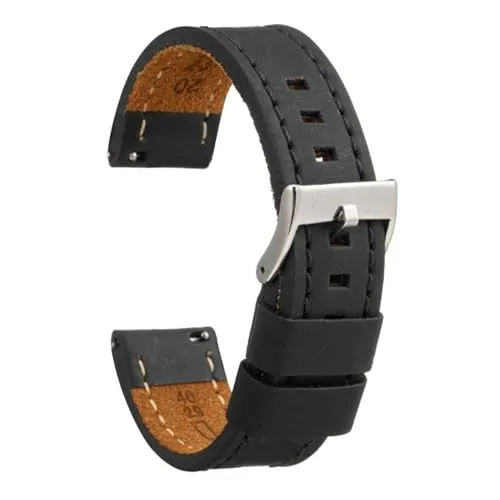 diloy Vintage Uhrenarmband gewachstes Leder mit weißer Naht – Handgefertigt für Sport- oder klassische Uhren – Größen 18mm 20mm 22mm 24mm 26mm – Braun oder Schwarz 384 Schwarz 20mm
