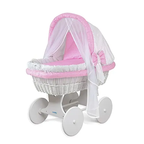 waldin Baby Stubenwagen-Set mit Ausstattung, XXL, Bollerwagen, komplett, 24 Modelle wählbar, Gestell/Räder weiß lackiert, Stoffe rosa/Punkte