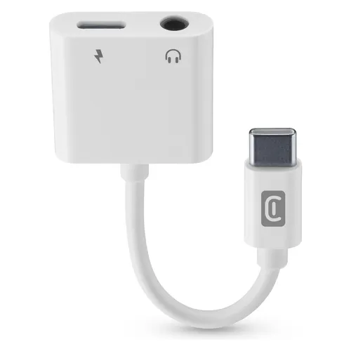 Cellularline Sound & Charge Typ-C/3.5mm Adapter Weiß - Vielseitiger Audio/Video-Adapter für USB-C auf 3.5mm Klinke, ideal für gleichzeitiges Laden und Musikhören. Kompakt und benutzerfreundlich für den Alltag.