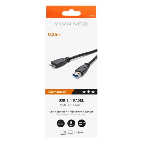 USB 3.1 Gen.1 Anschlusskabel, USB A Stecker USB Micro B Stecker, 0,25m (45236)