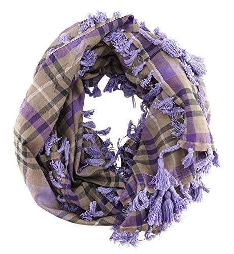 Halstuch in flieder lila beige braun grau kariert mit Tusseln - Größe 100x100 cm