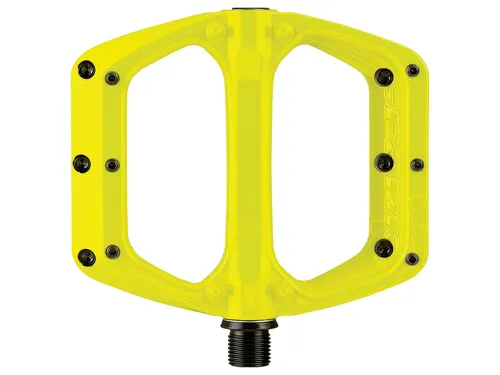 Spank Art Uni Pedales Spoon DC Yellow Fahrradpedale - Hochwertige flache Fahrradpedale mit 100x105mm Aluminiumplattform, hervorragendem Grip durch konkave Noppen und langlebiger Chromoly-Achse. Ideal für E-Bikes und anspruchsvolle Fahrer.