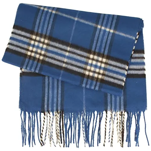 Breiter Schal aus 100% Cashmink für Damen & Herren - 180 x 30 cm – mit großem Karo-Muster & Fransen - Made IN Germany – super weich & bequem. (Trendblau, One Size)