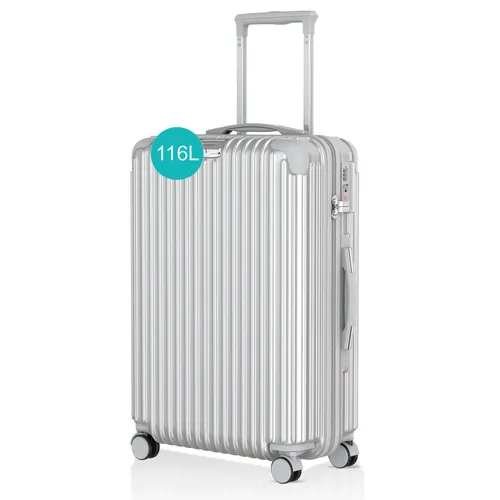 Voyagoux® Reisekoffer Groß 116L - Silber mit TSA Schloss - Koffer für sicheres Reisen mit TSA Schloss, 360° drehbare Räder für müheloses Navigieren und langlebiges, kratzfestes Polycarbonat-Material.