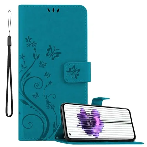 Cadorabo Hülle kompatibel mit Nothing Phone (1) Blumen Design aus Premium Kunst Leder Klappbare Stoßfeste Magnetische [Standfunktion] [Kartenfächern] Cover Case für Nothing Phone (1) Tasche in Blau