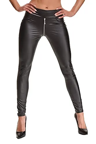 Demoniq Schwarze Damen Leggings Hose aus Wetlook Material elastisch mit durchgehendem Reißverschluss und Gesäßtaschen S
