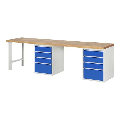 Rau Werkbank 7510A8 - Standardwerkbank mit robuster Buche-Massiv-Arbeitsplatte, ideal für professionelle Werkstätten. 20 Schubladen bieten viel Stauraum und die hohe Tragkraft von 1000 kg garantiert Belastbarkeit.