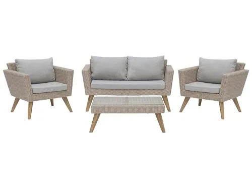 Beliani 4-Sitzer Lounge Set Vittoria - Unterhaltungsset für die Terrasse, modernes 4-Personen Gartenset aus pflegeleichtem Rattan mit weichen Kissen und nützlichem Beistelltisch für entspannte Stunden im Freien.