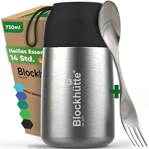 Blockhütte Edelstahl Warmhaltebehälter Essen To Go I 730 ml I Auslaufsichere Thermoskanne für Essen – Thermodosen zum Warmhalten mit Göffel – Wärmebehälter, Thermo Behälter Essen - Schwarz
