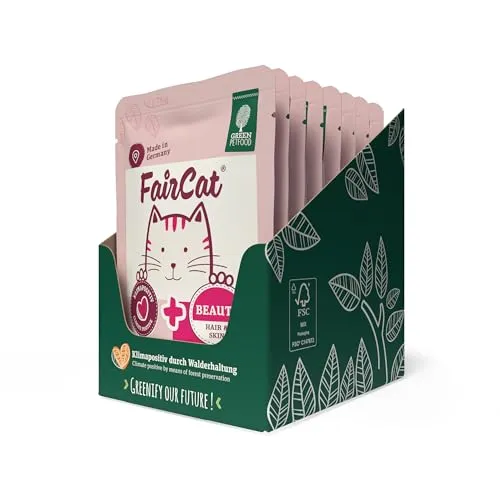 Green Petfood FairCat Beauty (8 x 85 g), getreidefreies Katzenfutter, Katzennassfutter mit Tierwohl-Hühnchen und Lachs aus argerechter Haltung, Katzenfutter mit Hanföl für schönes Fell, 8er-Pack
