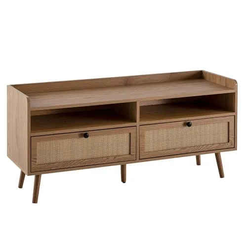 FineBuy Lowboard 120x56 cm - Stilvolle TV-Kommode mit Eiche-Dekor & Rattan - TV-Bänke & Lowboards – Diese elegante TV-Kommode bietet großzügigen Stauraum mit zwei Schubladen und offenen Fächern, perfekt für ein modernes Wohnzimmer.