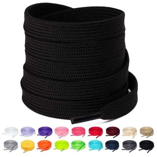 Olukssck 2 Paar Flache Schnürsenkel, 10 mm breite Reißfeste Schuhbänder für Sneakers, Sportschuhe, Turnschuhe, Freizeitschuhe, Schwarz, 160cm