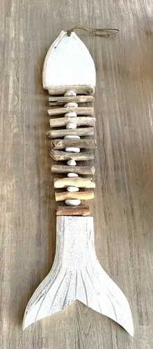 VARIOS Dekohänger Fisch Deko Hänger Sommerlich Maritim Weiß Holz XL 100cm, XL Lang