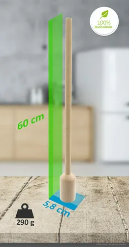 KERAZO Krautstampfer 60x5,8 cm für Sauerkraut im Gärtopf, Kartoffel - Stampfer für Kartoffeln, Gemüse, Obst, antibakteriell, kratzfrei, natürliches unbehandeltes Holz: Buche