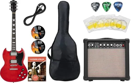 Rocktile Pro S-R E-Gitarre Heritage Starter Set mit Amp - Gitarren-Set mit 15 Watt Verstärker, ideal für Einsteiger, inkl. Zubehör wie Gitarrenschule, Tasche, Kabel und Plektren.