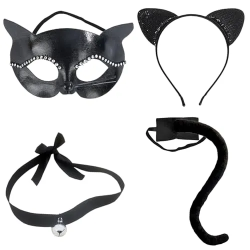 Guyode 4 Stück Katzenkostüm Kinder Erwachsene, Katzenohren Haarreif Schwanz Halskette Masken Katzenkostüm, Catwoman Kostüm für Damen Mädchen Karneval Fasching Halloween Mottoparty kostüm