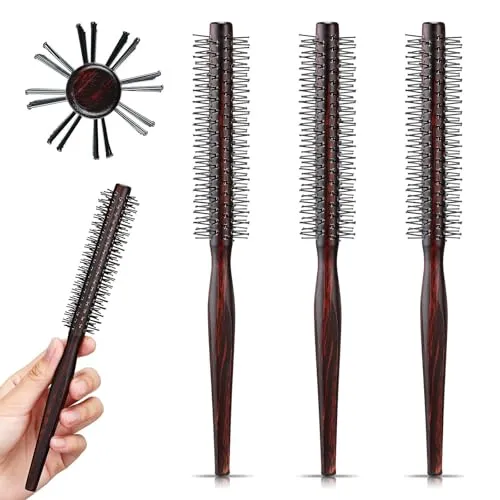 CLDURHGE 3 Stück Rundbürste, Haarbürste Rund, Rundbürste Klein, Runde Haarbürste, Stylingbürste mit Nylonborsten Holz Retro-Farben für dünnes Haar, kurzes Haar, Pony, Bart, Heben, Locken