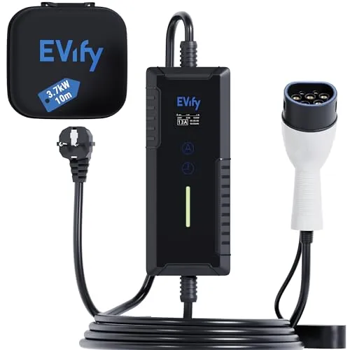 EVify Ladekabel Typ 2 Schuko 3,7kW 10M 16A für Elektroauto & Hybrid inkl. Kabeltasche • Stromstärke/Ladeleistung einstellbar 6|8|10|13|16A, ideal für PV-Anlage • Typ 2 Ladekabel Schuko