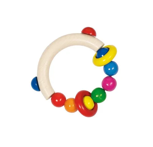 HEIMESS Greifling Halbrund mit Perlen und Ringen - Greiflinge, farbenfroher Holzgreifling mit 8,5 cm Durchmesser, fördert spielerisch das Erkennen von Geräuschen und Materialien bei Babys.
