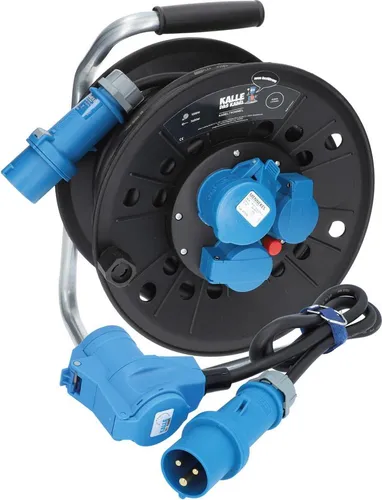 KALLE DAS KABEL Campingkabeltrommel CEE 230V 16A 2,5 mm² IP44 25 Meter IP44 Set mit Anschlussleitung Winkelkupplung 1,5 Meter