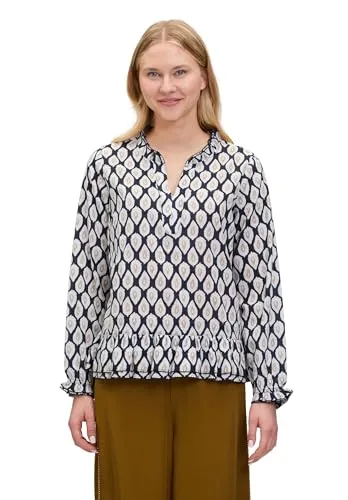 Cartoon Damen Casual-Bluse mit Raffung 38, Blau/Beige - Blusen & Tuniken für Damen, feminines Design mit grafischem Muster und Rüschen-Details – ideal für elegante Büro-Looks oder lässige Freizeit-Outfits.