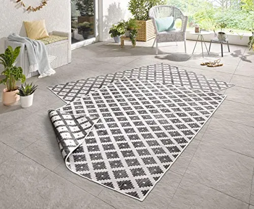 NORTHRUGS In- und Outdoor Teppich Nizza 120x170cm - Wendeteppich Wetterfest Modernes Geometrisches Muster für Balkon Terrasse Garten Wintergarten Küche Wohnzimmerteppich Wasserfest in Grau Creme