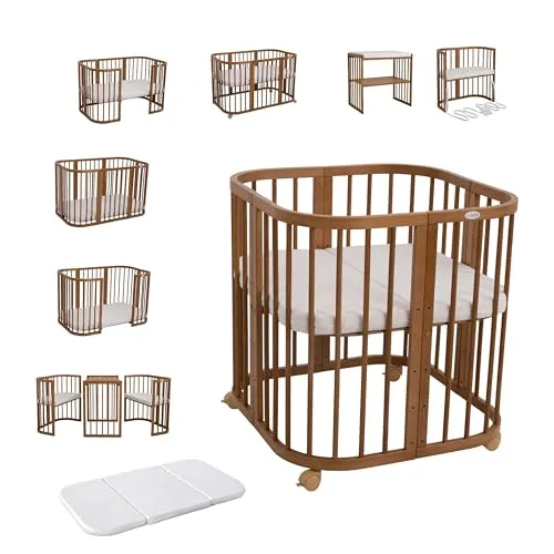 Waldin Babybett Mobiles Babybett aus Holz 7in1 mit Matratze, mitwachsend