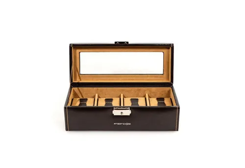 Friedrich|23 Unisex Uhrenkasten mit Glasdeckel für 4 Uhren - Uhrenaufbewahrung: Hochwertiger Uhrenkasten aus feinsynthetischem Material in Leder-Optik, ideal für voluminöse Uhren mit großen Kissen.
