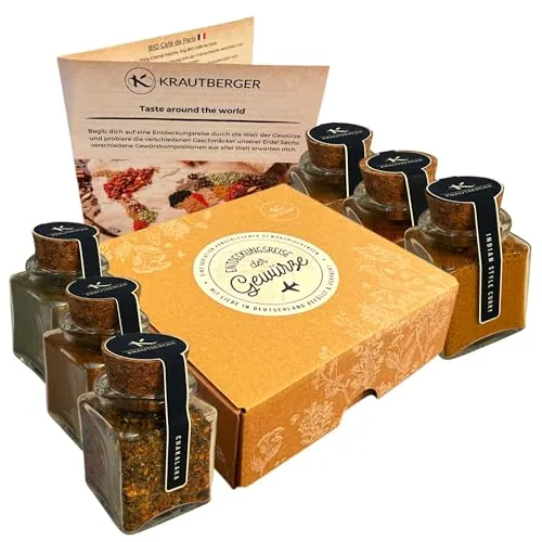 Krautberger BIO Gewürze Geschenkbox I 6 Gewürzmischungen aus aller Welt Geschenk Premium Box Vatertagsgeschenk, Muttertagsgeschenk I Geschenkset Exotische Gewürzmischungen in Bio-Qualität + Rezepte