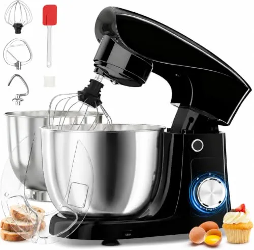 Küchenmaschine 1500 W, 2 Edelstahlschüsseln 4,5 + 5 L, 10 Stufen | Mit Pulsfunktion, Knethaken, Rührhaken, Schneebesen und Spritzschutz für vielseitige Backrezepte