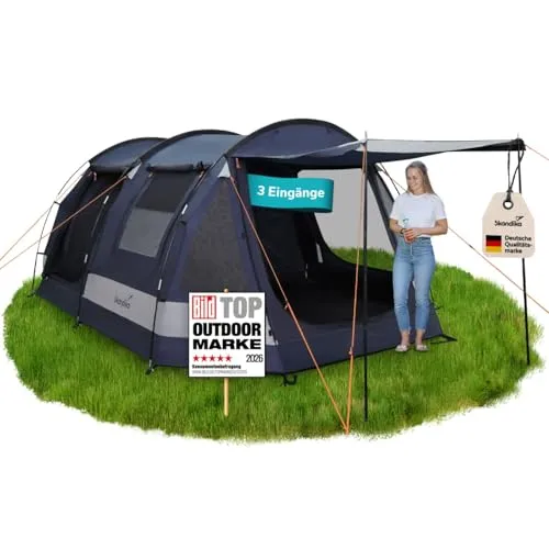 Skandika Tunnelzelt Kambo 6 Sleeper Protect – Geräumiges Zelt für 6 Personen mit innovativer Schlafkabine - Das Kambo 6 Sleeper Protect ist ein durchdachtes Tunnelzelt für bis zu sechs Personen. Mit eingenähtem Zeltboden und Sonnendach bietet es optimalen Schutz und Komfort für Camping und Festivals.