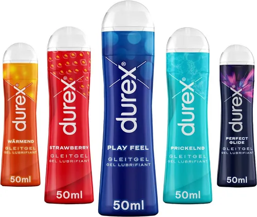 Durex Gleitgel Play Perfect Glide - Erdbeere, 5-tlg. Ausprobierpaket - Wasserbasiertes Gleitgel für sinnliche Erlebnisse. Mit verschiedenen Aromen und Effekten sorgt es für Abwechslung im Liebesleben. Ideal in Kombination mit Durex Kondomen und Toys.