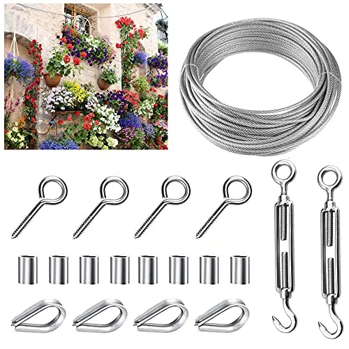 STCRERAG Drahtseil Edelstahl Set Rankhilfe Seilspannsystem Stahlseil mit Spannschloss Drahtseilklemmen DIY Draht Seil Klemme Schloss Haken Edelstahlseil Karabinerhaken mit Seil Ösenschraube Karabiner