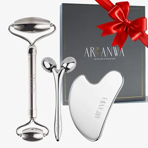 ARI ANWA Skincare Edelstahl Gua Sha Set und Gesichtsroller - Massagesteine für straffe Haut und definierte Konturen, reduziert Schwellungen und feine Linien für einen natürlichen Glow.