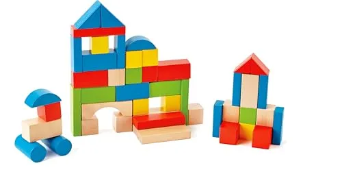 Hape Bunte Holzbausteine – hochwertiges Holzspielzeug zum Stapeln, Bauen und Lernen, 50 Leuchtend Bunte Holzbausteine, fördert Kreativität, Motorik und räumliches Denken, für Kinder ab 12 Monaten