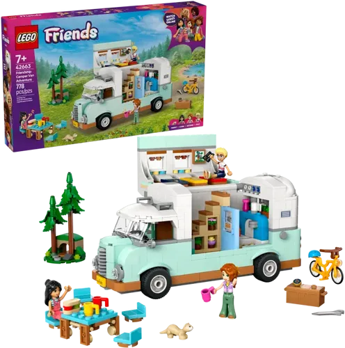 LEGO FRIENDS Wohnmobil 42663 - LEGO Spielset ab 7 Jahren mit Wohnmobil, 3 Minifiguren und Frettchen, ideal für kreative Campingabenteuer im Freien.