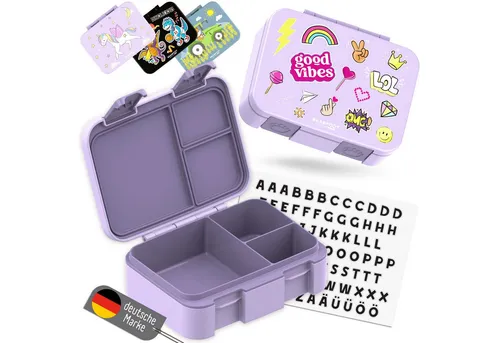 BEARFOOT Lunchbox Brotdose mit Fächern, leicht & auslaufsicher - Sticker lila, PP, ABS, Silikon, Kindergarten und Schule - Mädchen und Jungen, Vesperbox, Snackbox