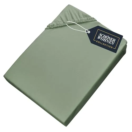 SCHÖNER WOHNEN Spannbettlaken 140x200cm Grün - Luxus Spannbetttuch aus Öko-Tex zertifizierter Jersey-Baumwolle, atmungsaktiv und perfekt für Matratzen bis 30 cm – für höchsten Schlafkomfort.