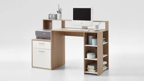 Computertisch Bolton - Moderner Schreibtisch in Eiche und Weiß - Schreibtisch & Computermöbel mit 6 Regalfächern, 1 Schublade und 1 Tür. Ideal für Arbeitszimmer oder Kinderzimmer. Hergestellt in Deutschland, modern und funktional.