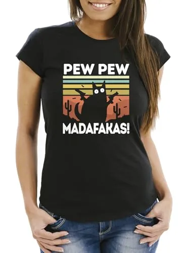 MoonWorks® Damen T-Shirt Pew Pew Madafakas! Schwarze Katze Spruch Meme Frauen Fun-Shirt lustig Schwarz 3XL