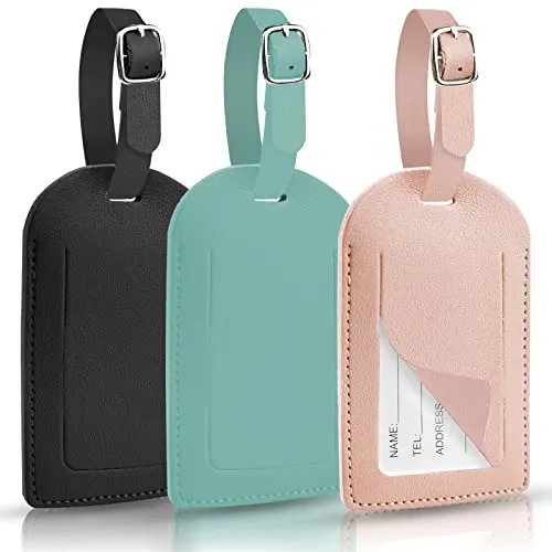 Hengxinc 3 Kofferetiketten aus PU-Leder für Gepäck, kann beschriftet werden, verstellbar, Kofferanhänger, für Rucksack, Flugkoffer (3)